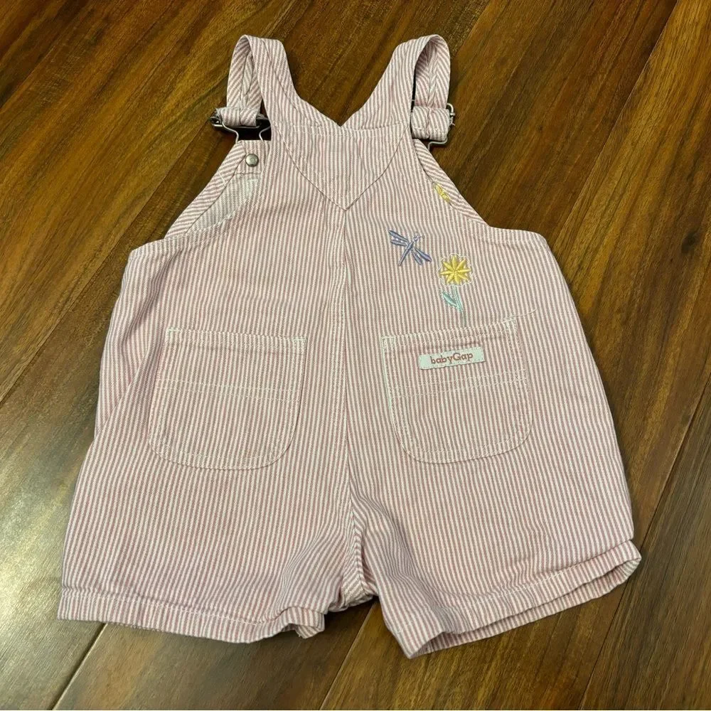 Baby Gap vintage pink stripe embroidered flowers overall shorts